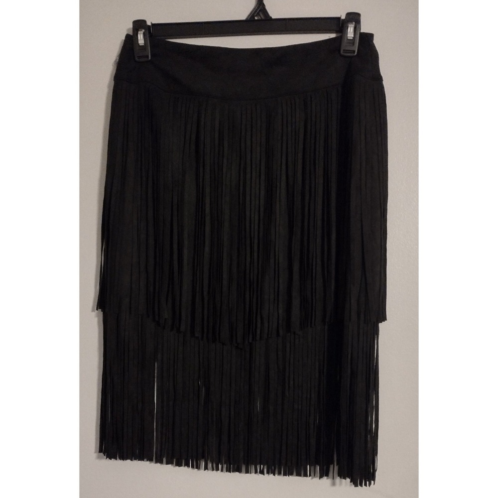 V0cal USA Women's Black Tiered Stretch Fringe Skirt Sz M Western Boho Festival